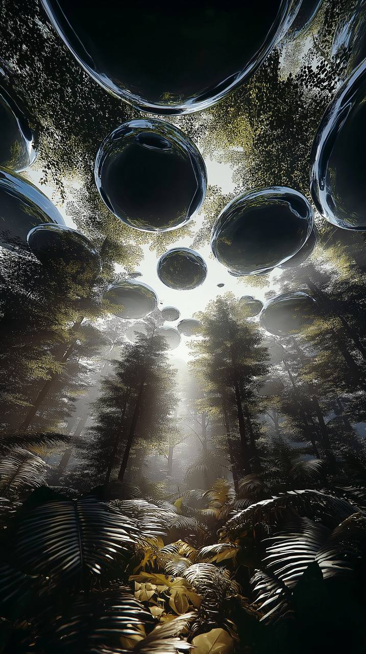 Reflective dark spheres suspended above a dense forest canopy.