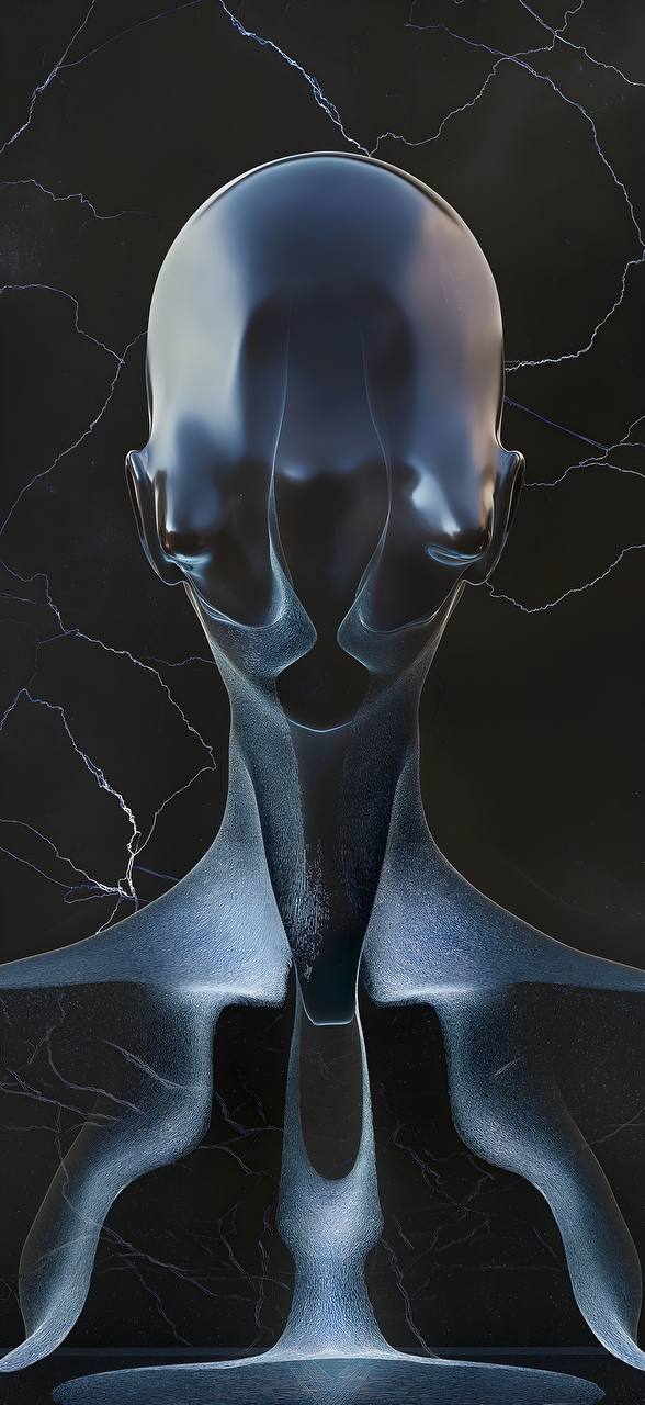 An elongated metallic figure against a dark, fractured surface.